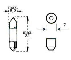 polttimo - 6v 3w S7 ( pituus 31mm ) sukkula